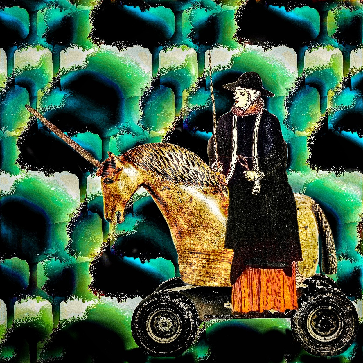 Popart collage van Maria van Hongarije op een eenhoorn, in een woud