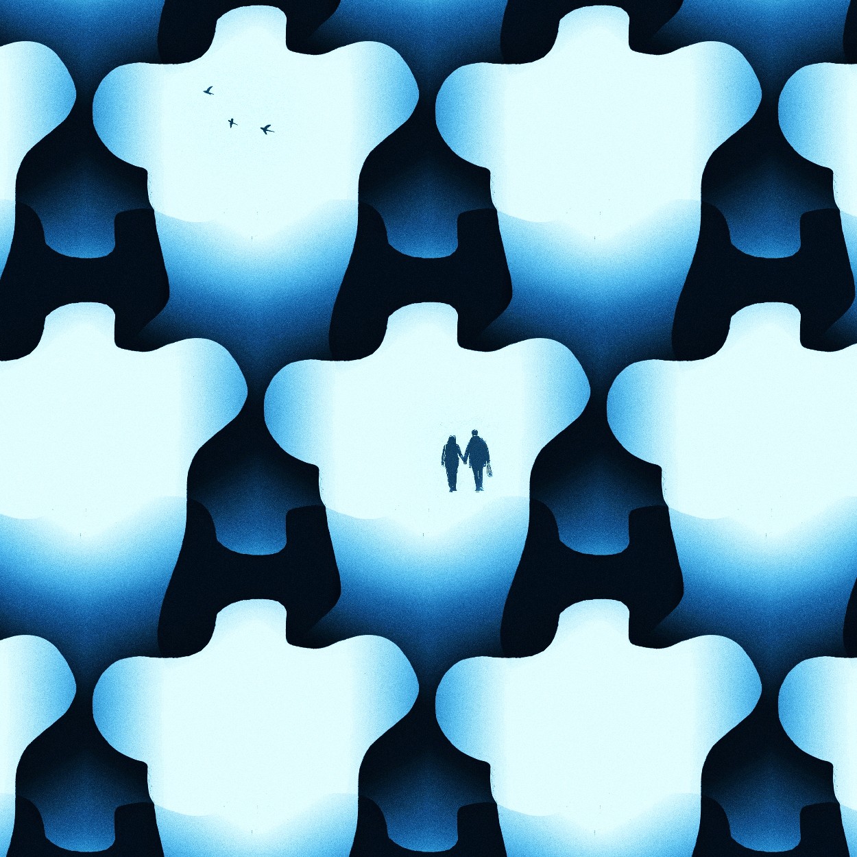 Popart-grafiek van torso's en een man en vrouw in blauw