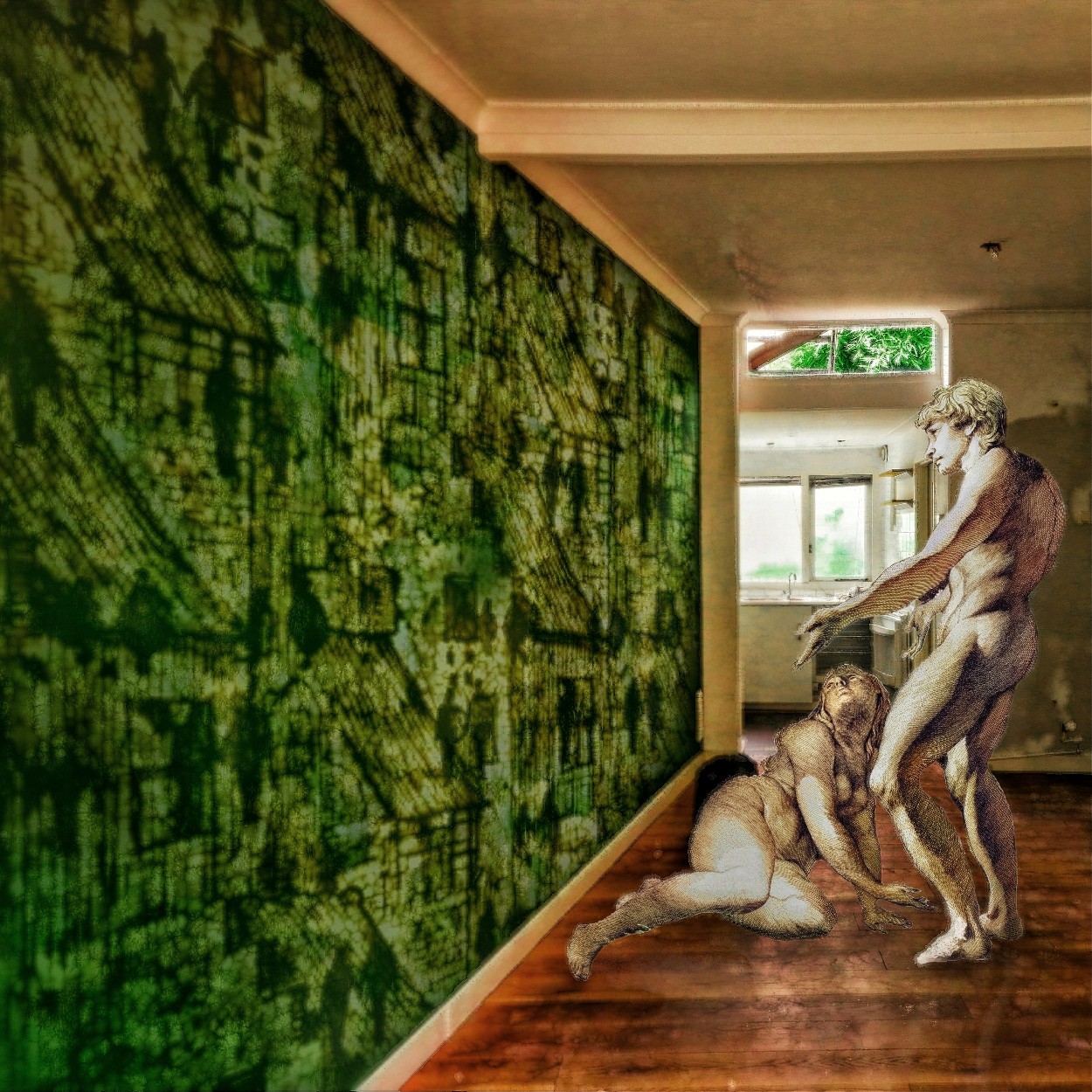 Adam en Eva in discussie voor een groene, opvallende muur. Kunst van Ruben van Gogh, gemaakt met een smartphone.