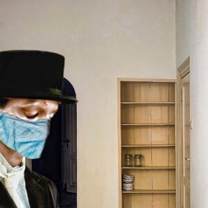 Portret van een man in bruidspak met een mondkapje in een lege kamer. Smartphoneart in de stijl van Jopie Huisman, maar dan à la Van Gogh.