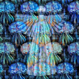 Een schitterende collage van kwallen op de achtergrond met de transparante contouren van een engel op de voorgrond