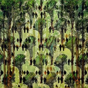 Sfeervolle collage van mensen in een bos