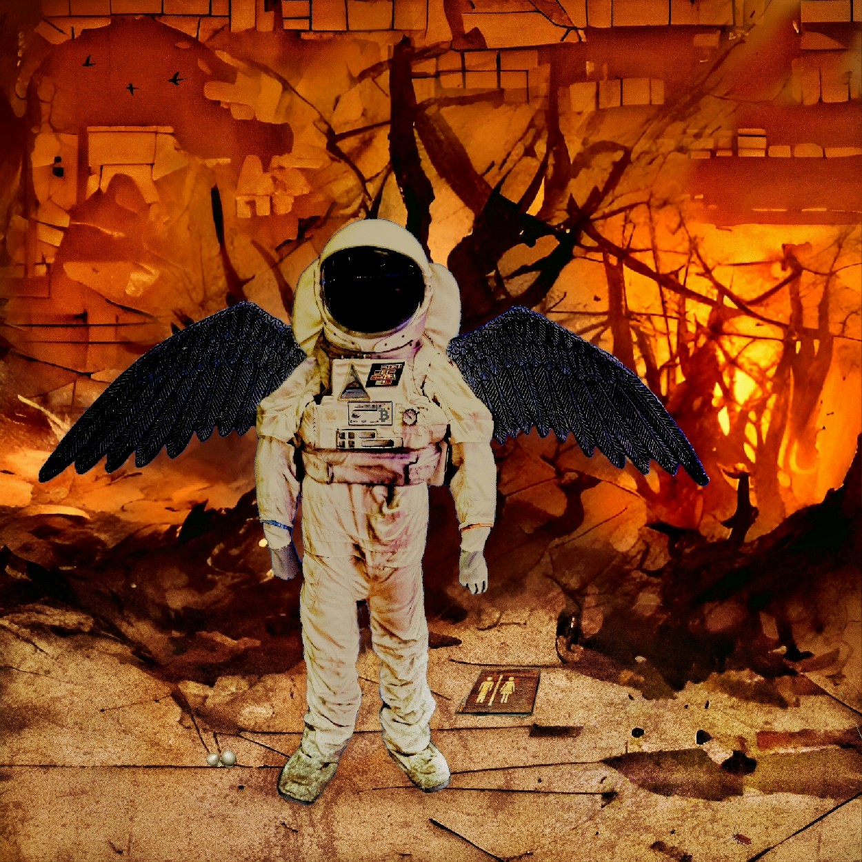 Astronaut met zwarte vleugels als engel des doods in een brandend deco. Heftig werk van Ruben van Gogh