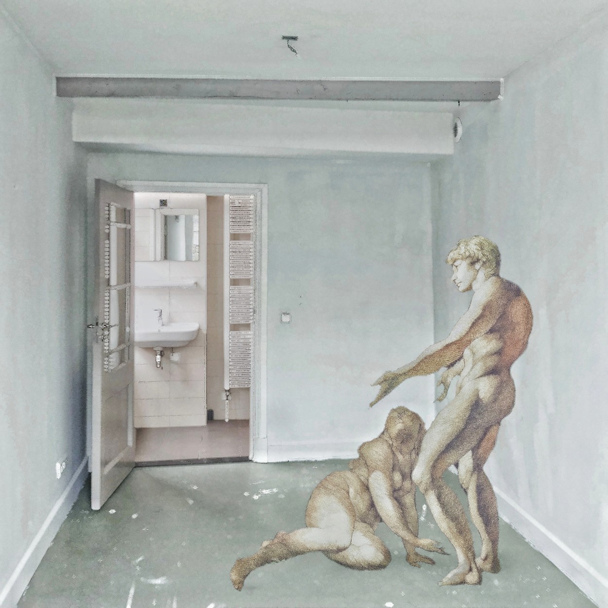 Adam en Eva in discussie in een lege kamer, in deze digitale aquarel van Ruben van Gogh.