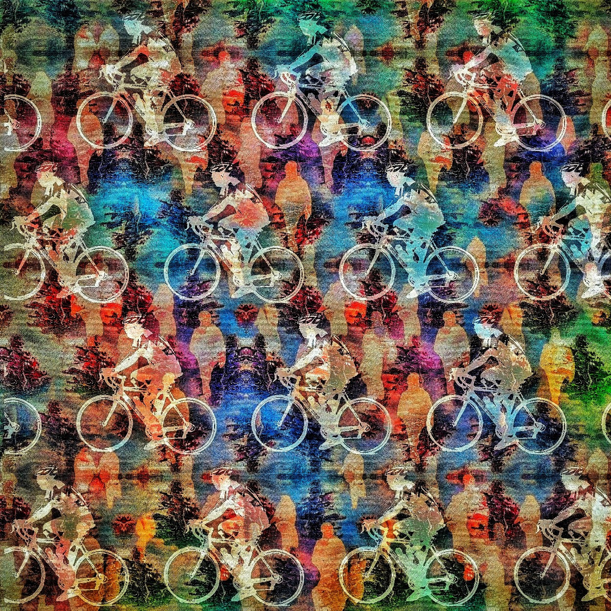 Kleurrijke grafiek van een wielrenner en de toeschouwers van een wielerwedstrijd. Kunst 2.0 van Ruben van Gogh