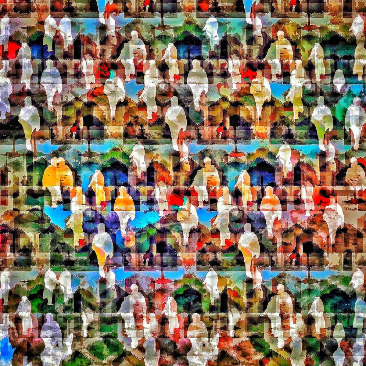 Met AI ingekleurde Escher-achtige grafiek van diverse mens-figuren door elkaar, met soms herinneringen aan de sjabloondruk van Hendrik Werkman