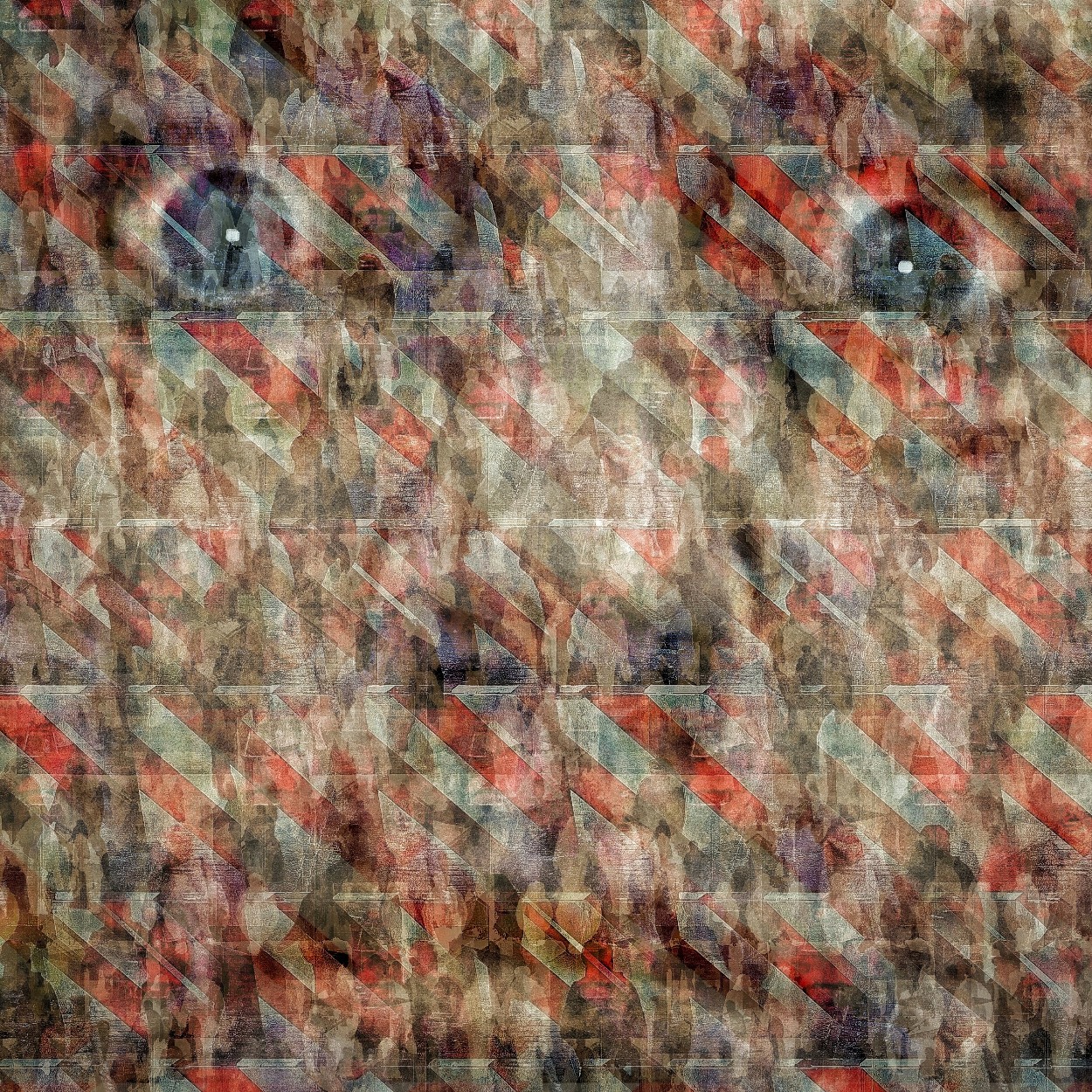 Een selfie met verschrikte, grote ogen aanschouwt het wereldtoneel in deze collage 2.0 van Ruben van Gogh