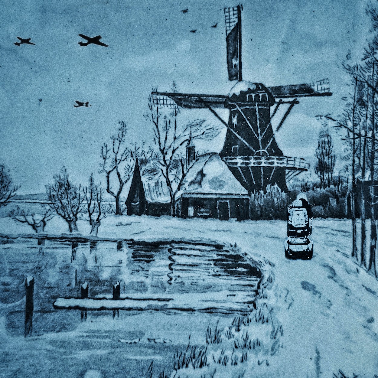 Hollandse molen en een scootmobiel in tegeltjes-stijl. Kunst aan de muur.