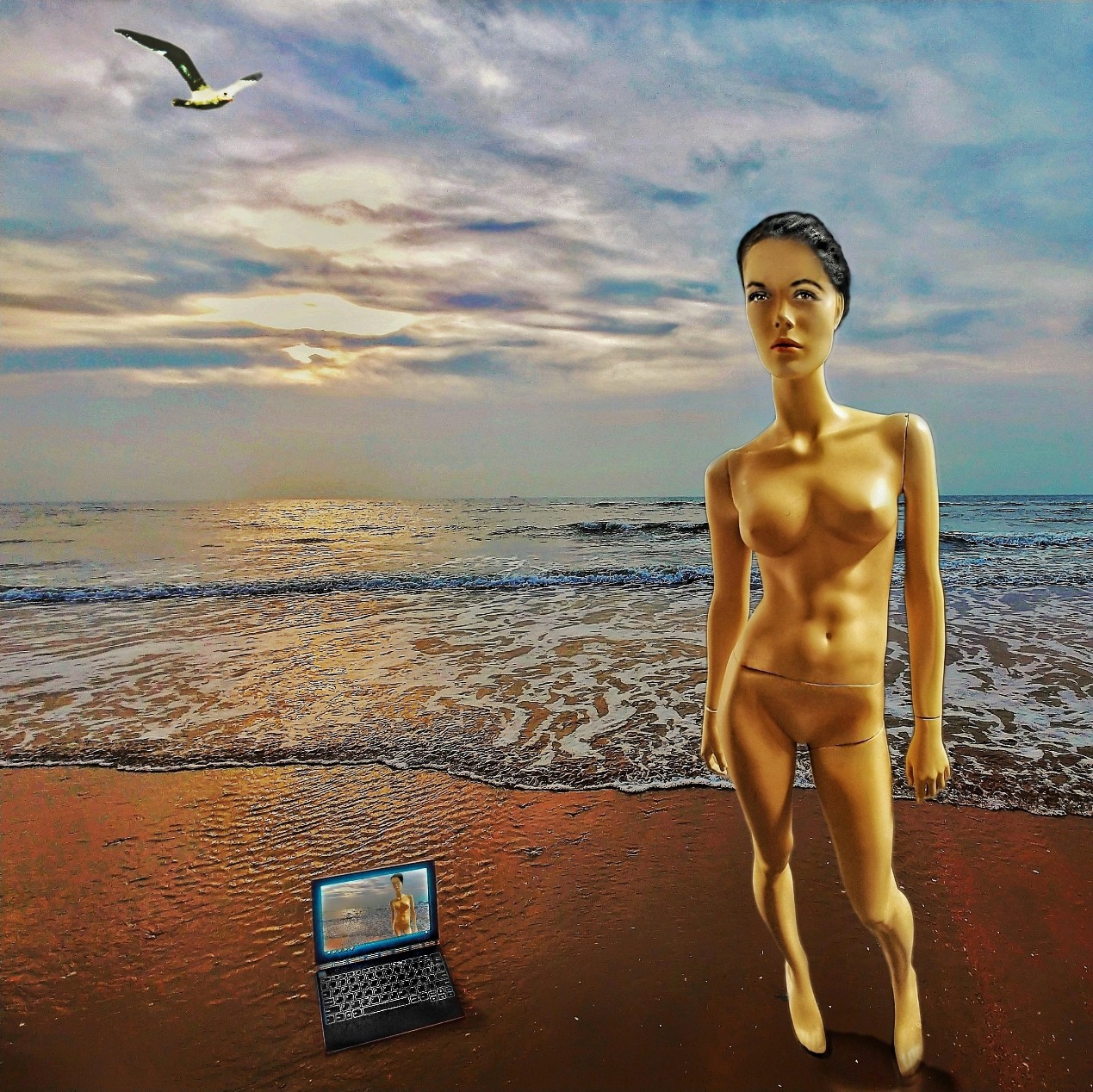 Een humanoid - half naakte vrouw, half etalagepop - poeert met opengeklapte laptop aan zee. Betaalbare kunst van Ruben van Gogh