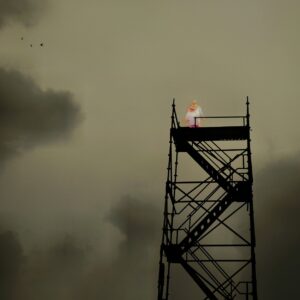 Een bouwstellage bij een naderend onweer. Bovenop staat een vrouw met rolkoffer. surrealistische fotografie van Ruben van Gogh