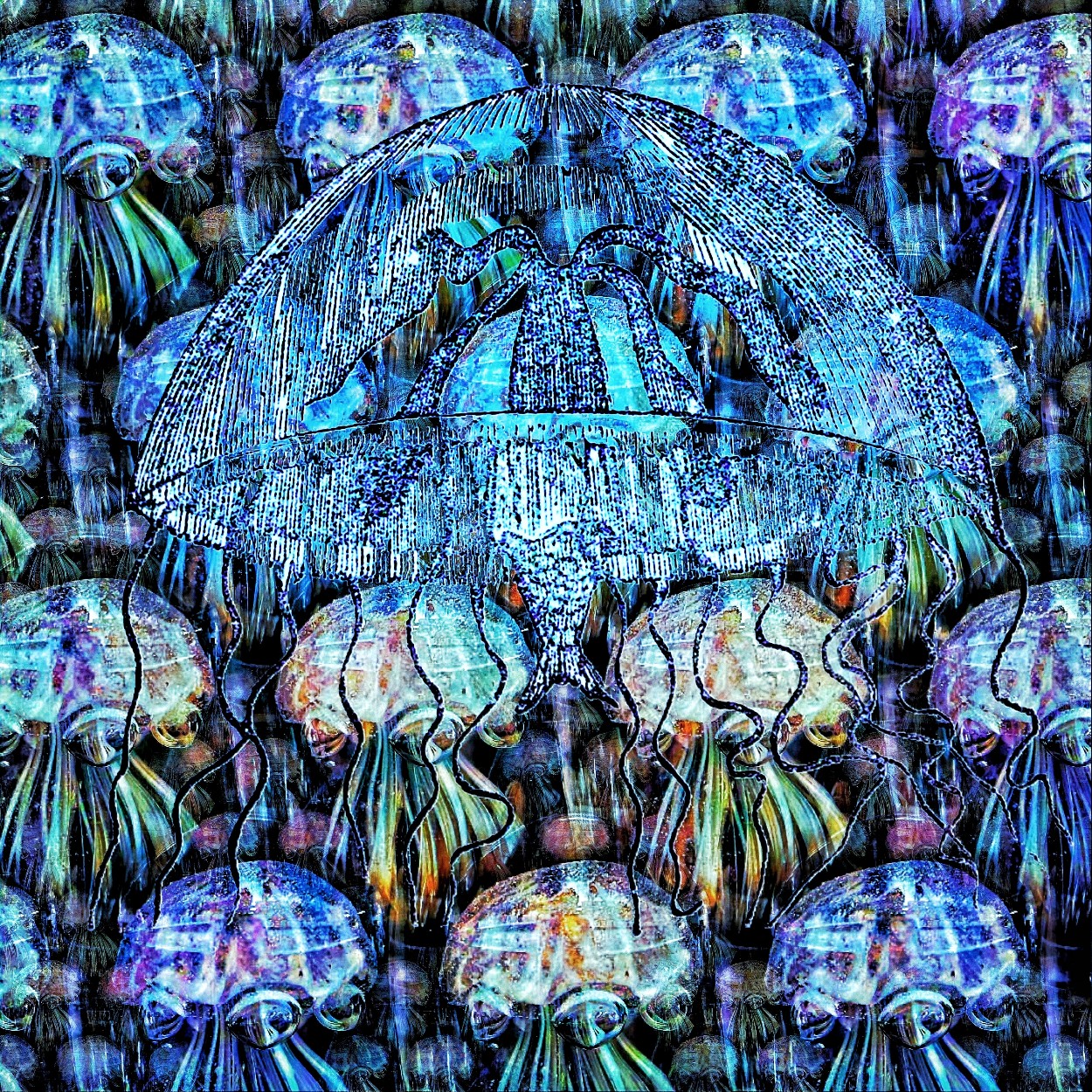 Een collage van een gravure van een kwal met op de achtergrond een reeks glazen kwallen (van een presse-paper). GGrrafiek 2.0 van Ruben van Gogh