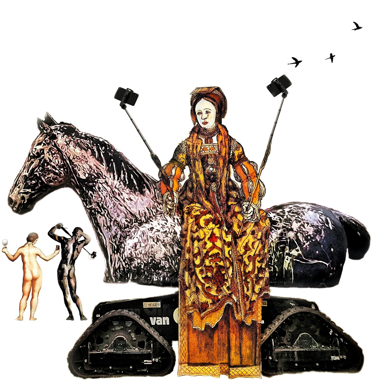 Popart cartoon van Madame d 'Etampes met twee selfie-sticks