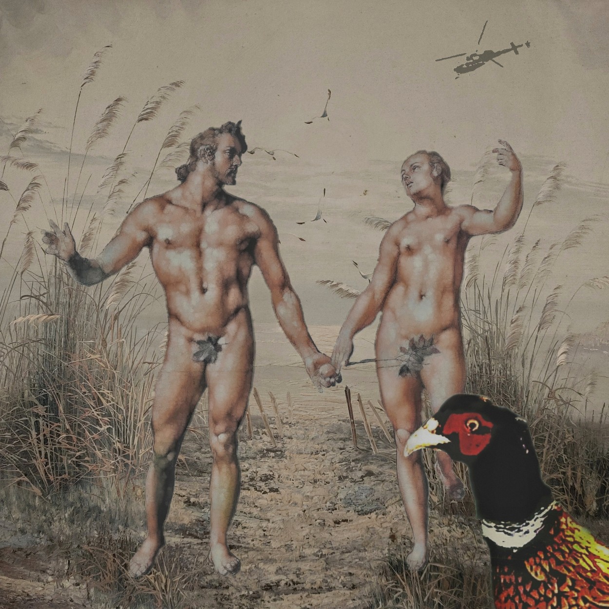 Adam en Eva verlaten het strand, met een fazant als ooggetuige. Religieuze kunst van Ruben van Gogh