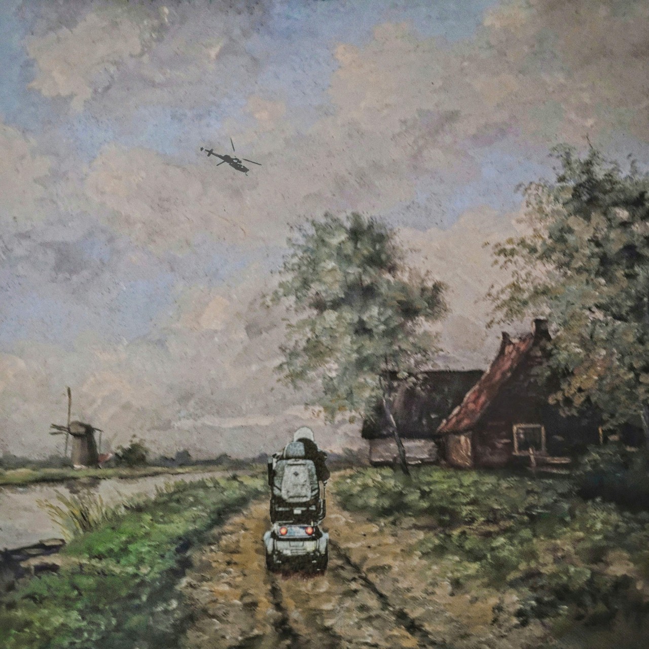 Een schilderij van een rivieren landschapje is voorzien van een scootmobiel  en helikopter. Smartphoneart van Ruben van Gogh