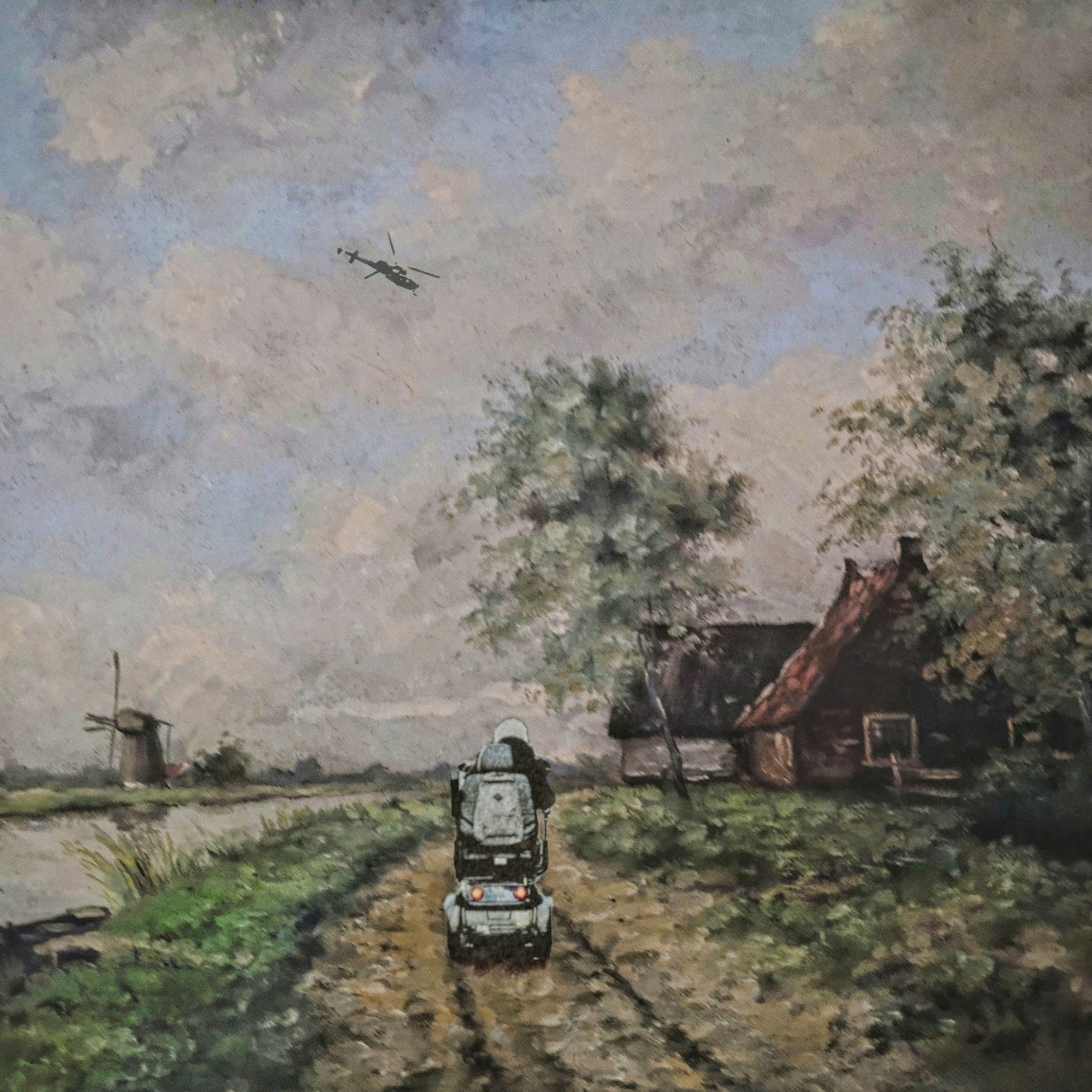 Een schilderij van een rivieren landschapje is voorzien van een scootmobiel en helikopter. Smartphoneart van Ruben van Gogh