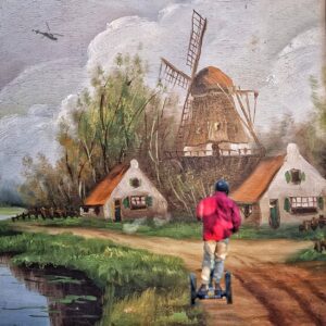 Een segway-berijder in een oud Hollands landschapje geplaatst, in dit digitale schilderij