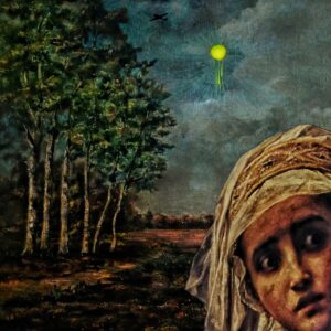 Surrealistsch portret van een bange vrouw bij een bosrand met een druipende maan daarboven. Surrealisme 2.0 van Ruben van Gogh