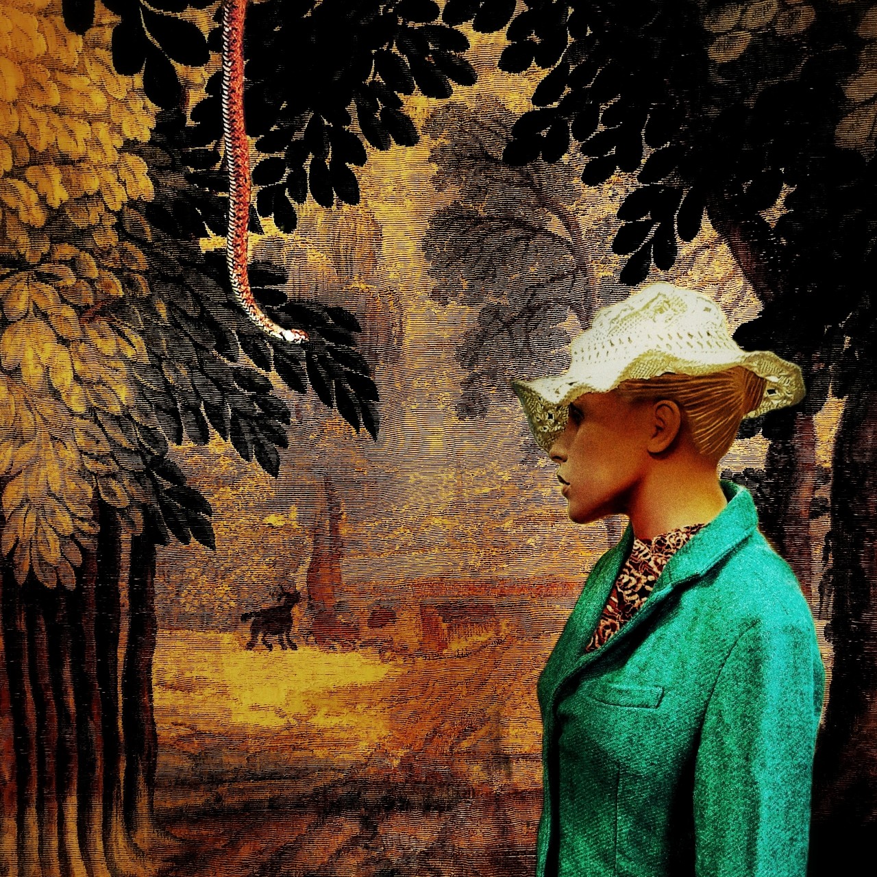 De achtergrond is het wandkleed van tapijtwever Maximiliaan van der Gucht. Op de voorgrond een hedendaagse Eva met slang. Tapijtweefkunst 2.0 van Ruben van Gogh