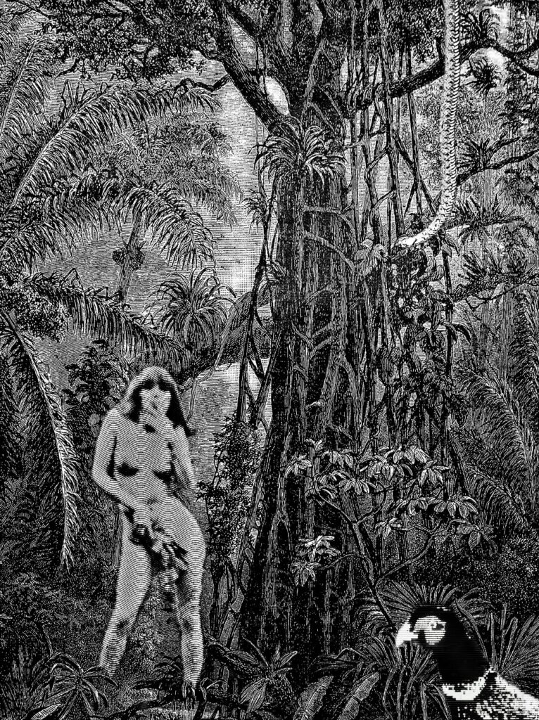 Gravure 2.0 van het Paradijs, waar Eva met sigaret op Adam wacht. Prent van Ruben van Gogh