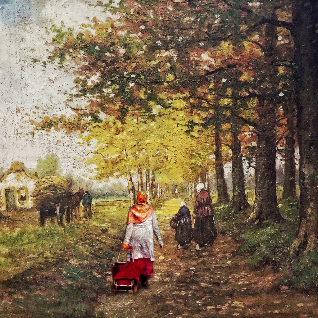 Een allochtone vrouw met rolkoffer wandelt een oud Hollands schilderij binnen, Klederdracht kunst 2.0 van Ruben van Gogh