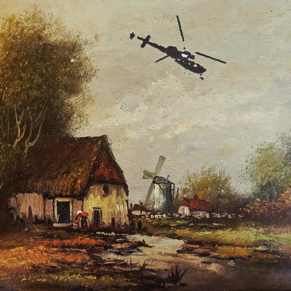 Een kringloopwinkel-schilderij van een Hollandse molen en boerderij is gepimpt met een helikopter. Painting 2.0 van Ruben van Gogh