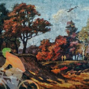 Een wielrenner fietst door het bos in dit kleurrijke schilderij van Ruben van Gogh. Kunst bij de Tour de France.